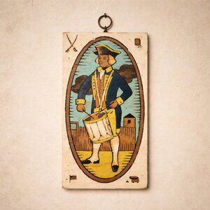 Vtg MCM Folk Art Revolutionary War Drummer 80's Wood Panel Hand Screened Painted